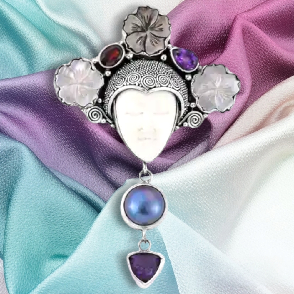NWT GODDESS CARVED BONE & MULTI-GEMSTONE PENDANT IN STERLING SILVER 6.00 CTW